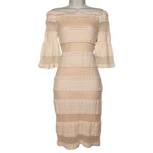 RACHEL RACHEL ROY Tan White Lace Stripe Flare Off Shoulder Midi Dress XS NWT